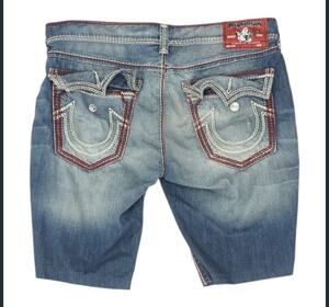 True Religion Cut Off Bermuda Denim Shorts Mens 38 Blue Red Horseshoe
